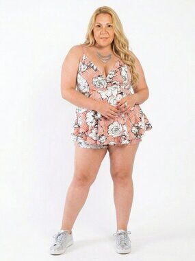 Floral Short Skort Mini V-Neck Romper – Plus (1X, 2X, 3X)